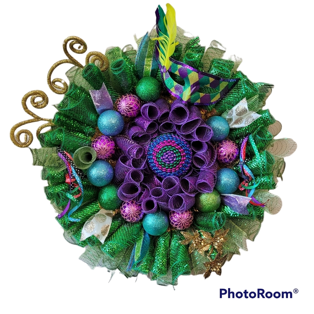 Mardi Gras Festive Beads Balls and Bling Wreath Purple Green Gold
